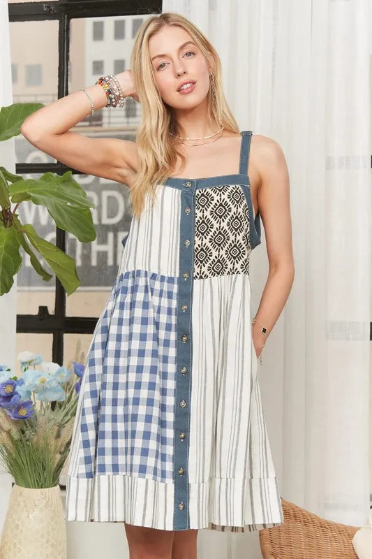 Image of ADORA Patchwork Button Front Mini Dress | Queeble.shop