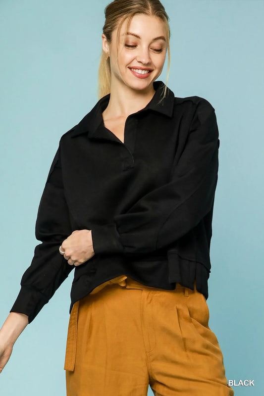 Image of Umgee Collared Neck Long Sleeve Top with Raw Hem Detail | Queeble.shop