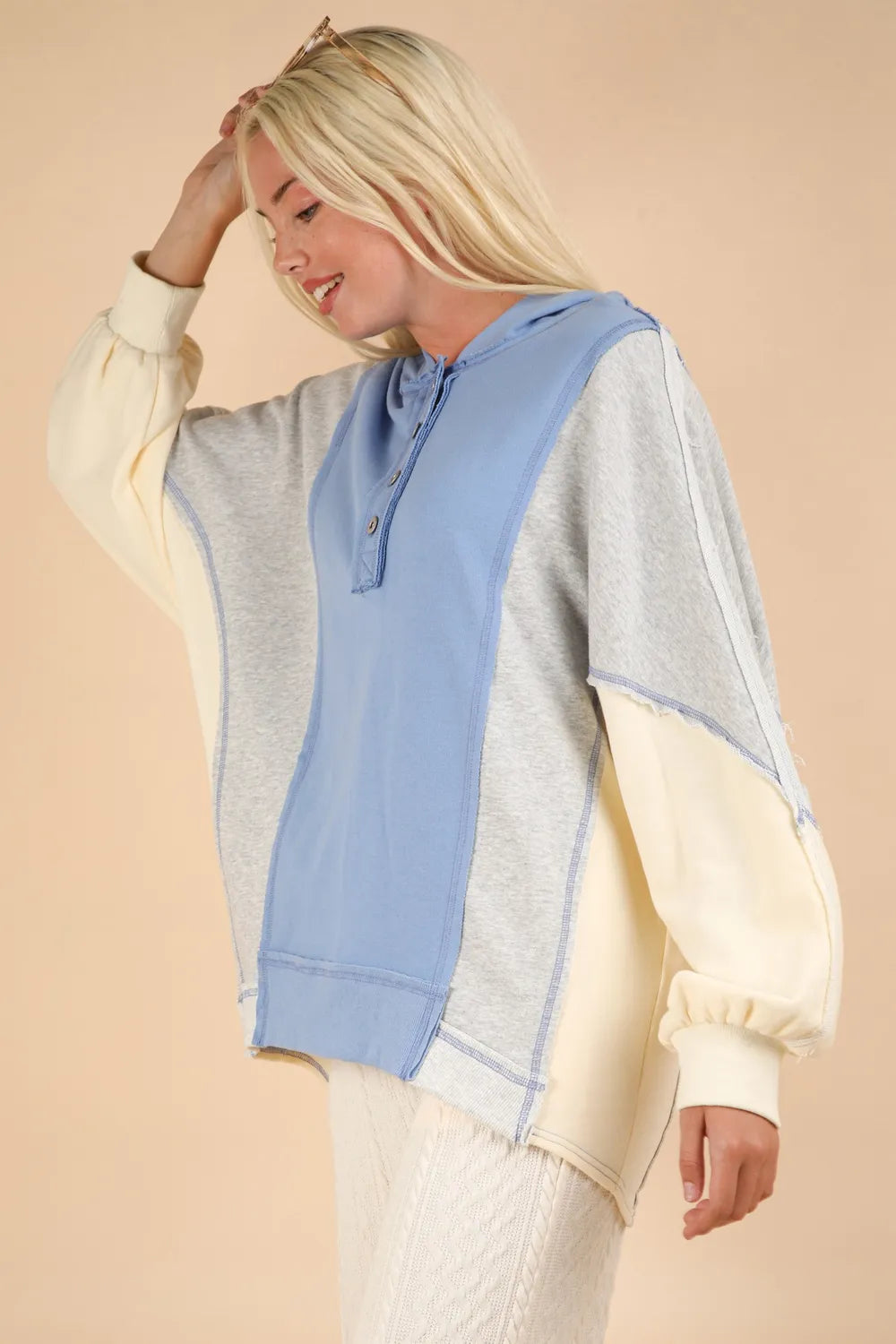 Image of VERY J Exposed Seam Color Block Half Button Hoodie | Queeble.shop