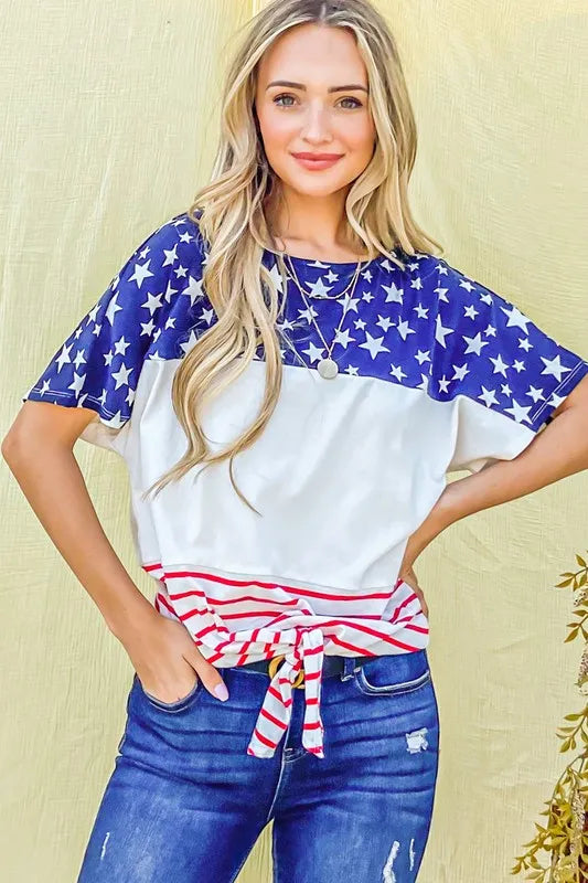 Image of And The Why American Flag Print Tie Knot Front Casual Top | Queeble.shop
