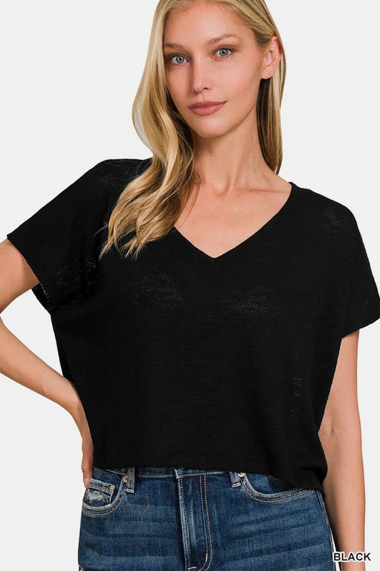 Image of Zenana V-Neck Short Sleeve Crop T-Shirt | Queeble.shop