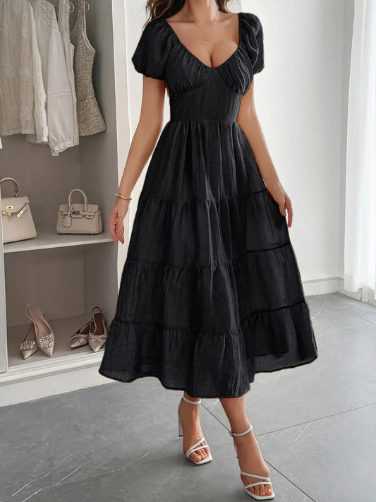 Image of Backless Tiered Puff Sleeve Midi Dress | Queeble.shop