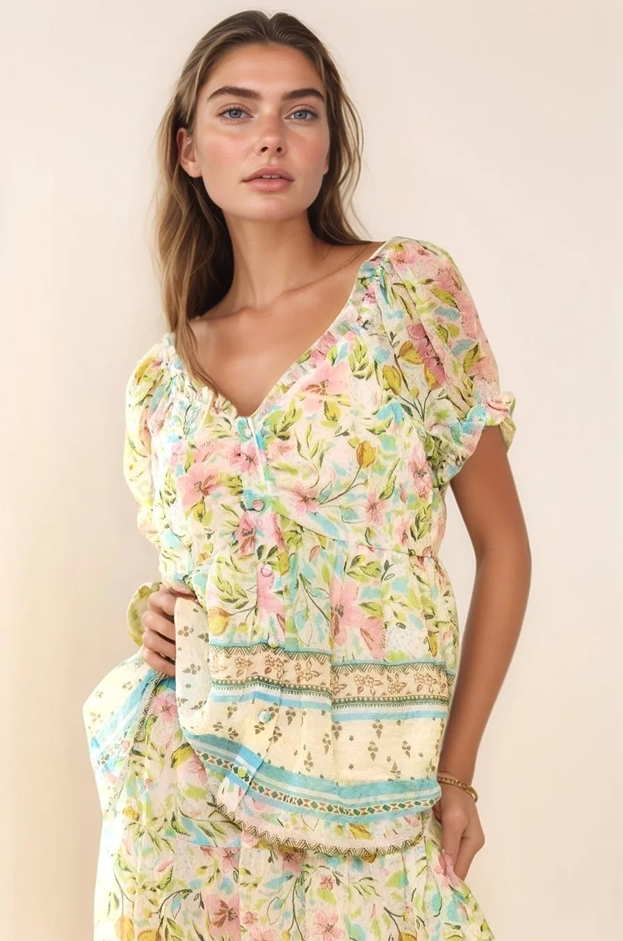 Image of Davi & Dani Spring Floral Border Print Ruffled Textured Top | Queeble.shop