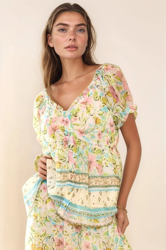 Image of Davi & Dani Spring Floral Border Print Ruffled Textured Top | Queeble.shop