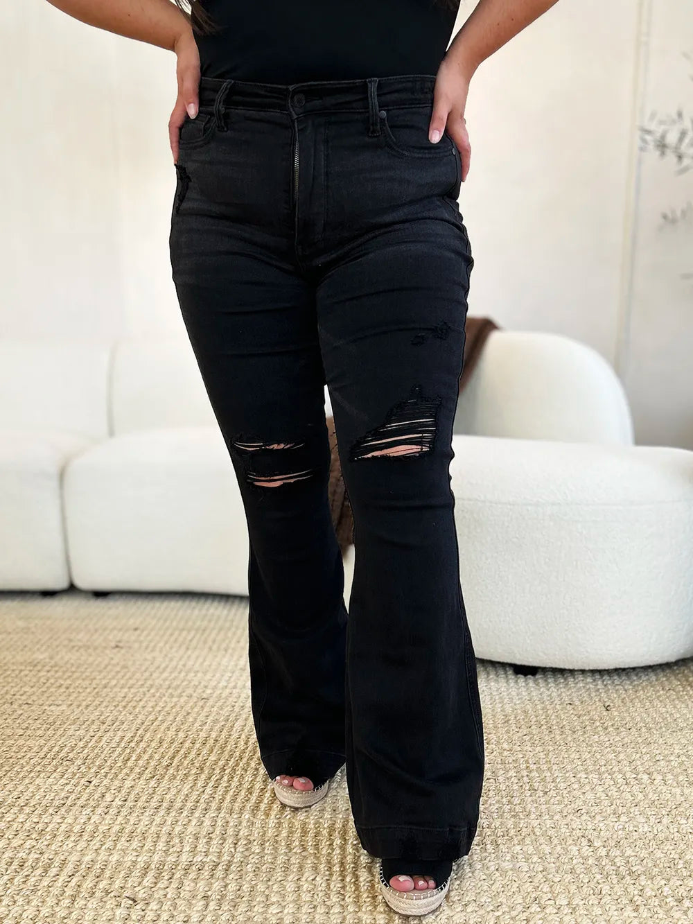 Image of Judy Blue Full Size High Waist Distressed Flare Jeans | Queeble.shop
