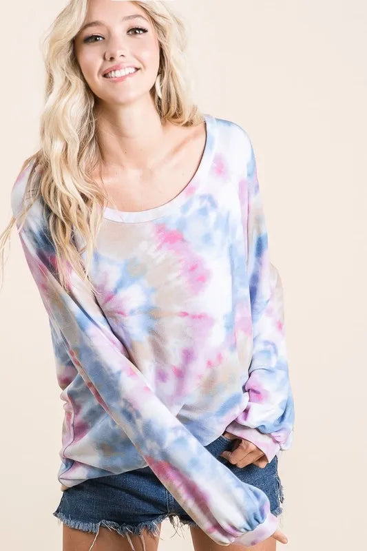 Image of BiBi Tie Dye Print Terry Top With Puff Sleeves | Queeble.shop