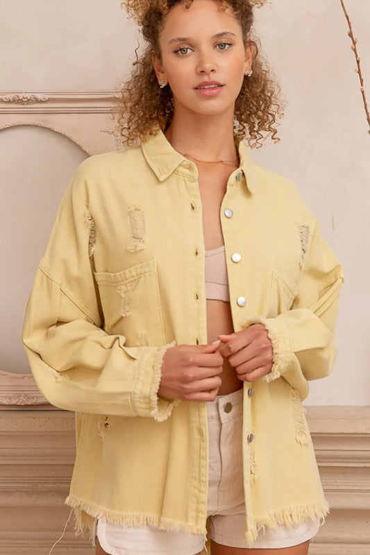 Image of POL Button Down Raw Hem Distressed Shacket | Queeble.shop