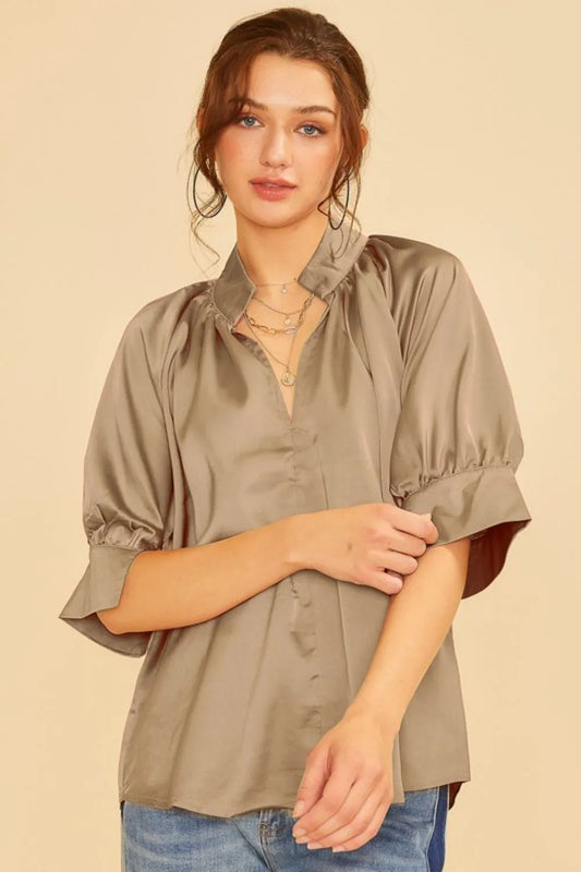 Image of Annie Wear Satin V Neck Open Short Sleeve Woven Blouse Top | Queeble.shop