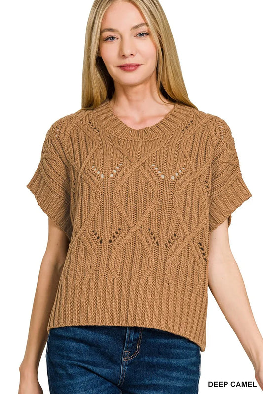 Image of Zenana Cable Knit Short Sleeve Sweater | Queeble.shop