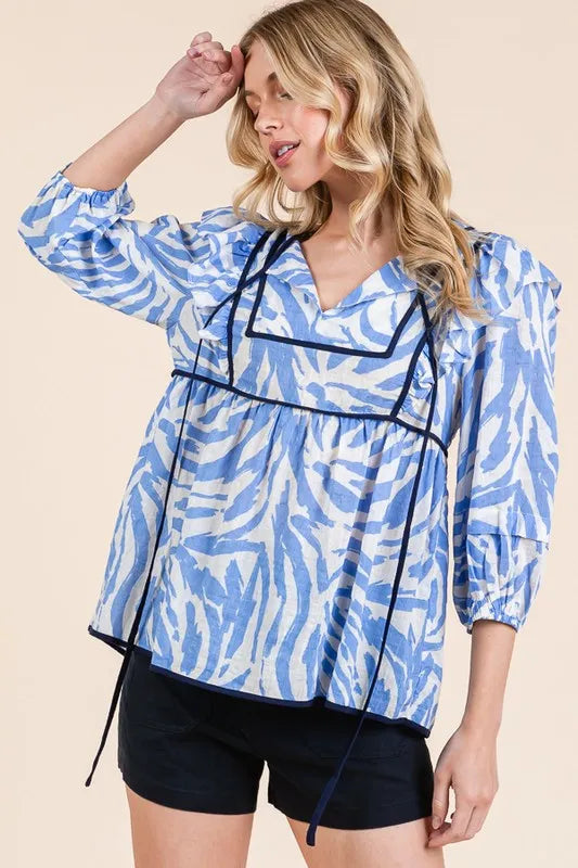 Image of Lime 'N' Chili Graphic Print Solid Trim Quarter Sleeve Blouse | Queeble.shop