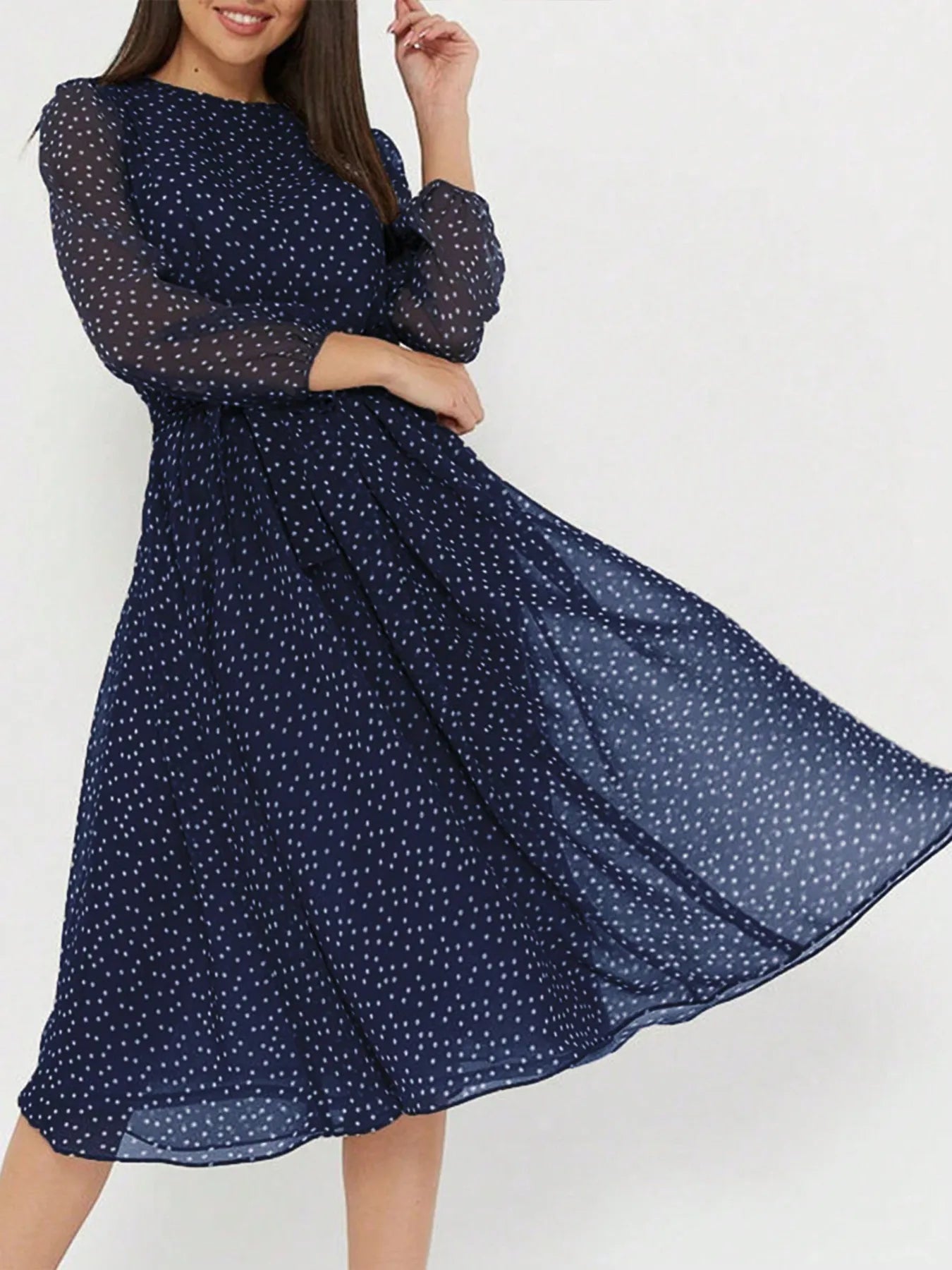 Image of Printed Round Neck Long Sleeve Midi Dress | Queeble.shop