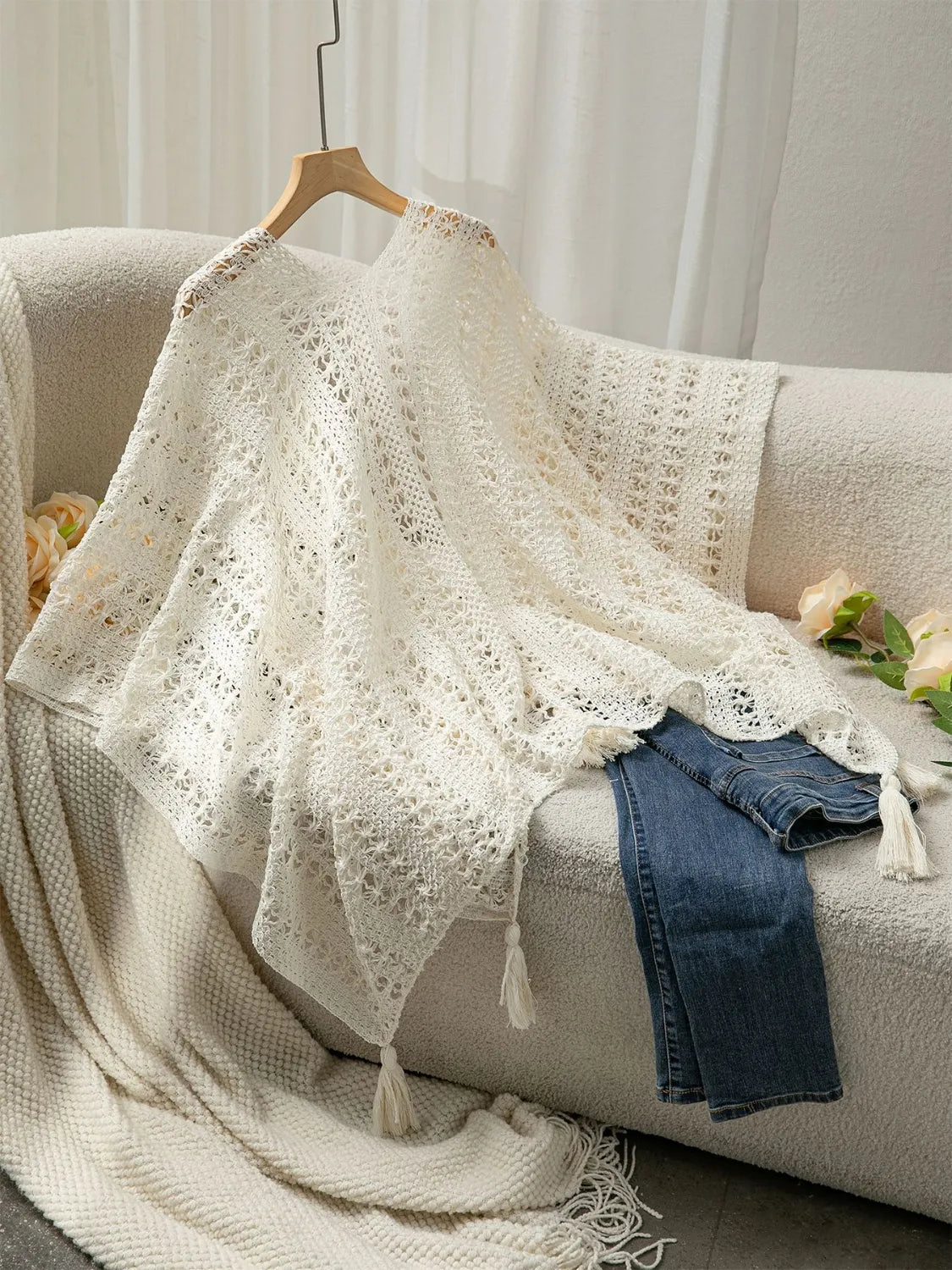 Image of Openwork Tassel Open Front Knit Cover Up | Queeble.shop