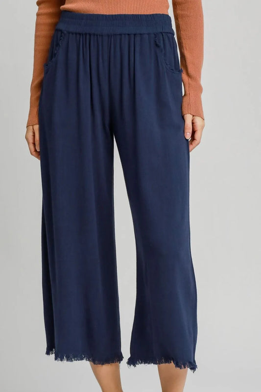 Image of Umgee Full Size Linen Blend Elastic Waistband Wide Leg Pants Plus Size | Queeble.shop