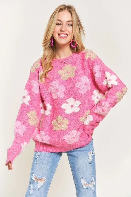 Image of ADORA Full Size Floral Popped 2-Tone Sweater Top Plus Size | Queeble.shop