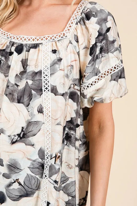 Image of Lime 'N' Chili Floral Print Lace Trim Puff Sleeve Blouse | Queeble.shop
