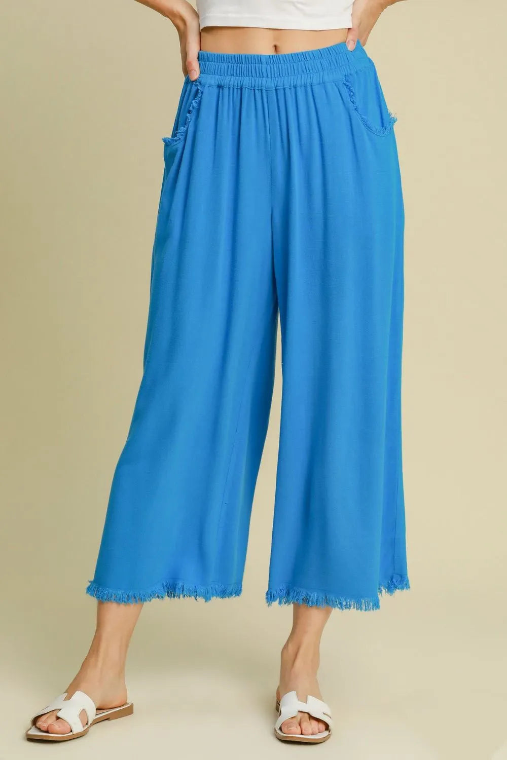 Image of Umgee Full Size Linen Blend Elastic Waistband Wide Leg Pants Plus Size | Queeble.shop