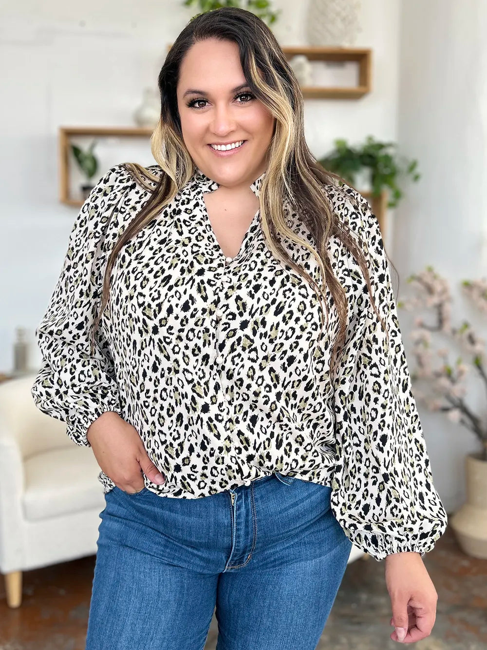 Image of Double Take Full Size Leopard Long Sleeve Blouse | Queeble.shop