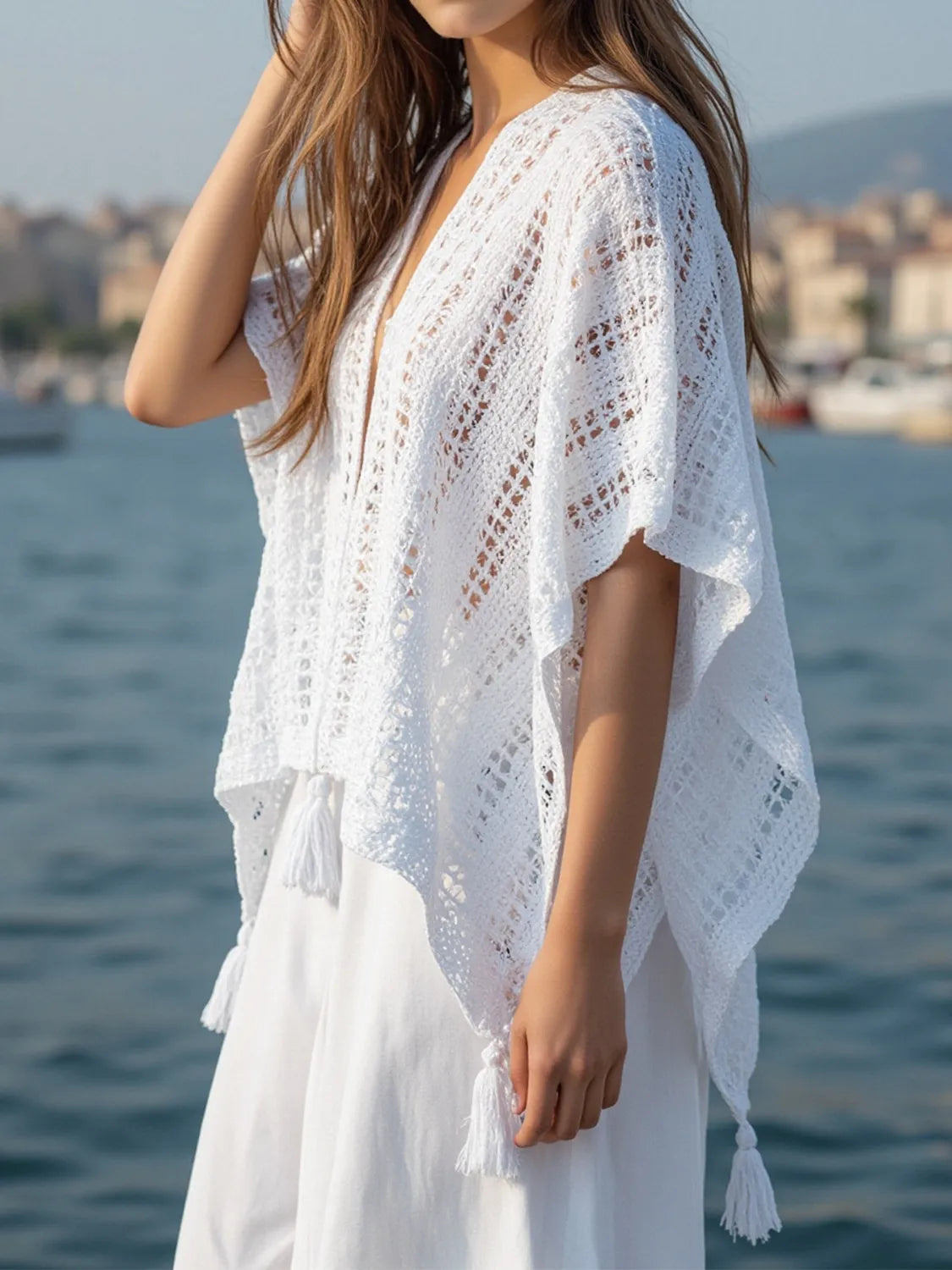 Image of Openwork Tassel Open Front Knit Cover Up | Queeble.shop
