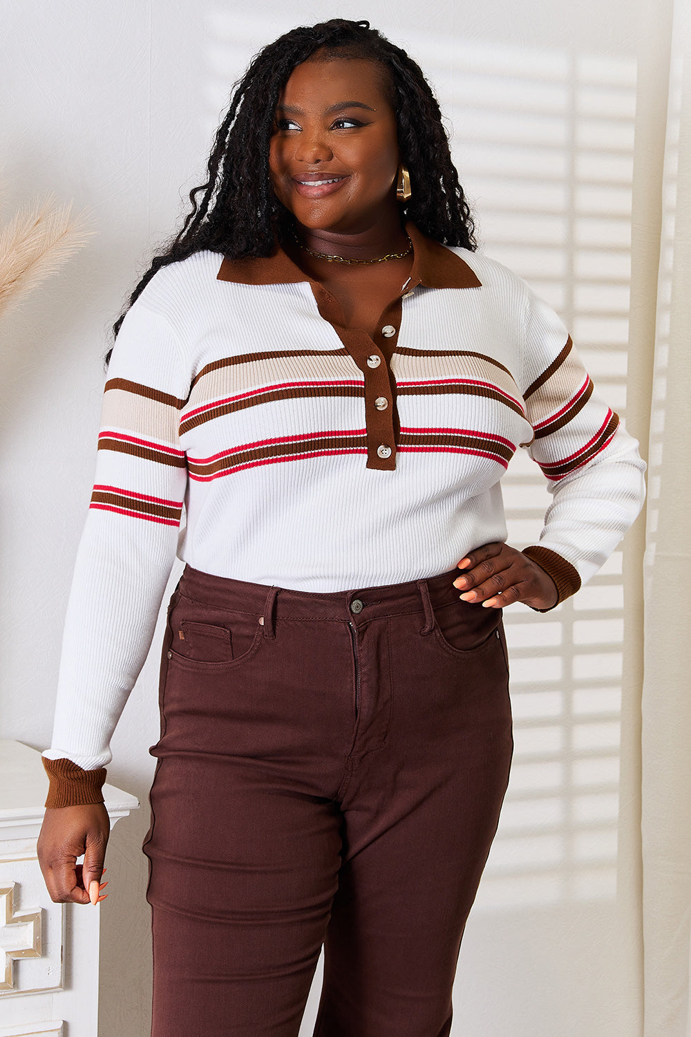 Image of Basic Bae Striped Collared Neck Rib-Knit Top | Queeble.shop