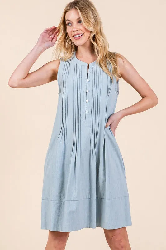 Image of Lime 'N' Chili Denim Pintuck Detail Sleeveless Midi Dress | Queeble.shop