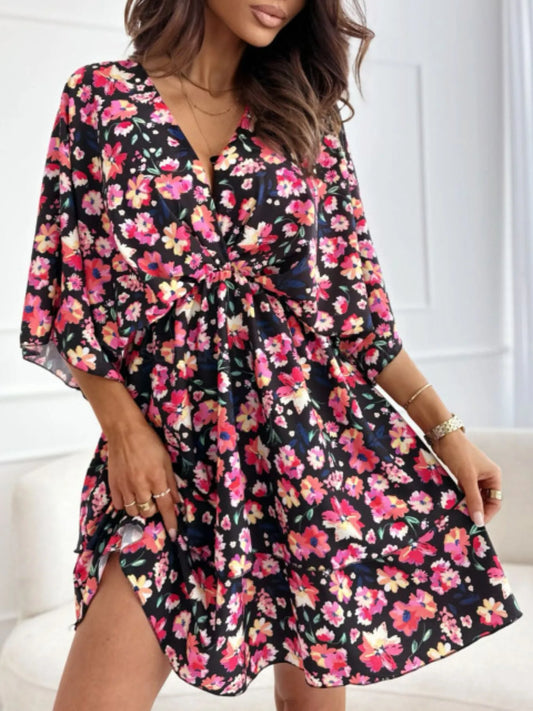 Image of Floral Print V-Neck Ruffle Mini Dress | Queeble.shop