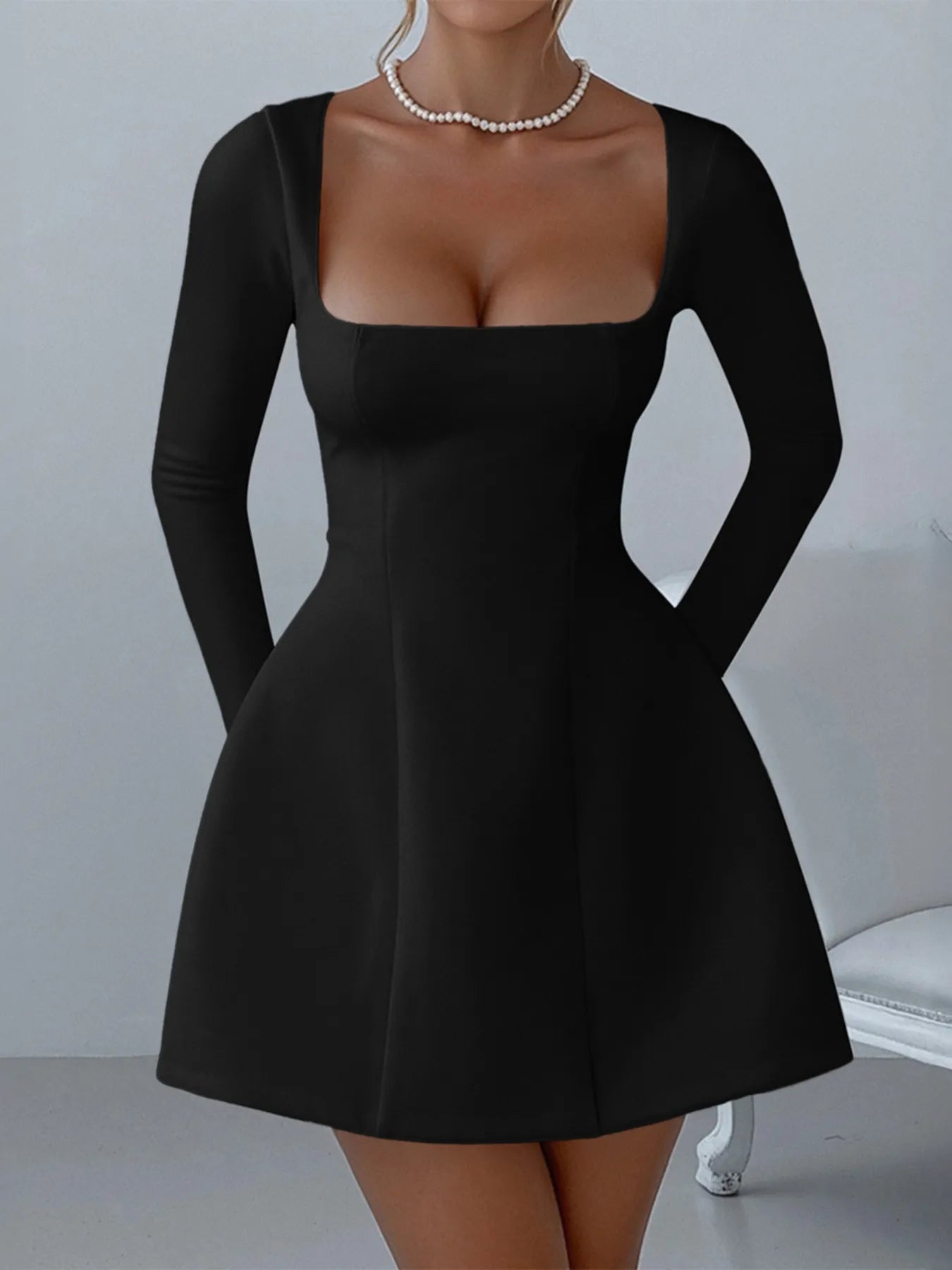 Image of Square Neck Long Sleeve Mini Dress | Queeble.shop