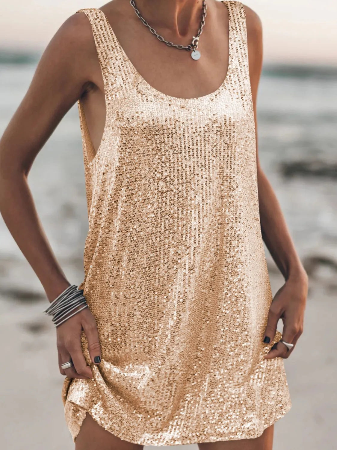 Image of Sequin Scoop Neck Mini Dress | Queeble.shop