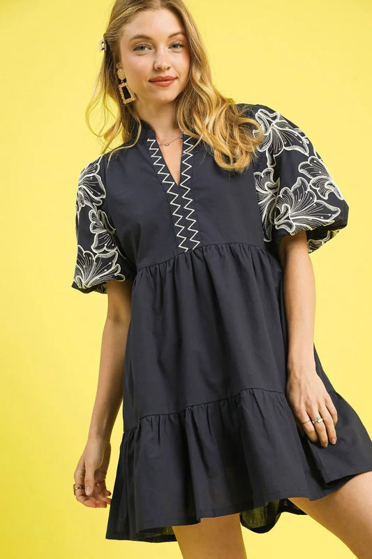 Image of Umgee Tiered Embroidered Puff Sleeve Mini Dress | Queeble.shop