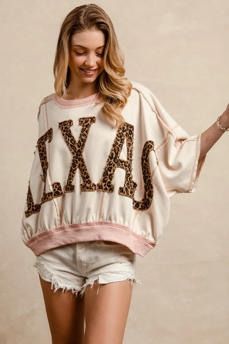 Image of BiBi Leopard Print Texas Patchwork Overlock Stitch Top | Queeble.shop