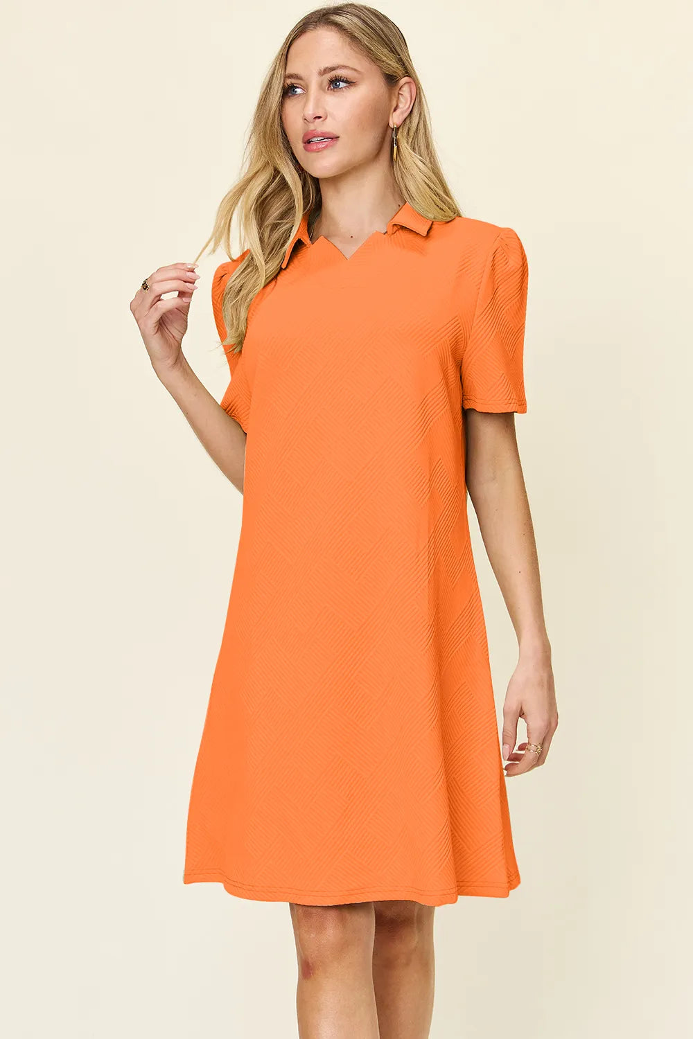 Image of Double Take Full Size Texture Collared Neck Short Sleeve Dress | Queeble.shop