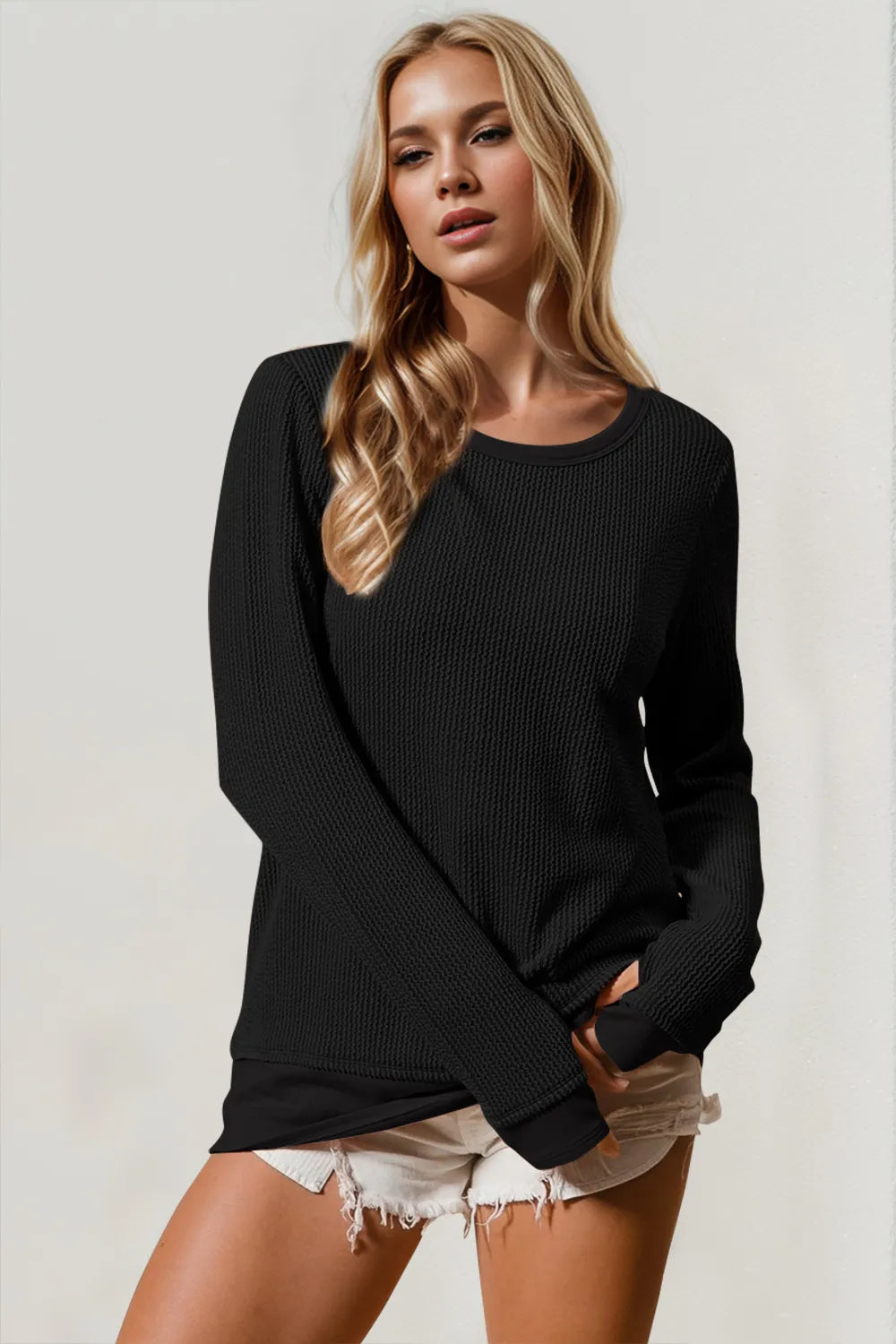 Image of Double Take Corded Rib Thumbhole Cuff Round Neck T-Shirt | Queeble.shop