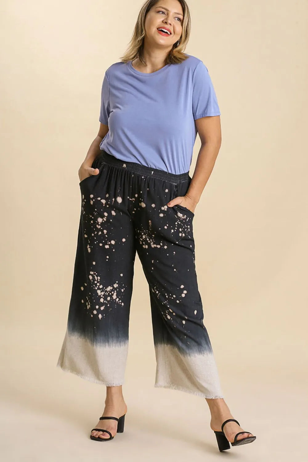 Image of Umgee Full Size Raw Hem Linen Blend Bleach Dip Dye Wide Leg Pants Plus Size | Queeble.shop
