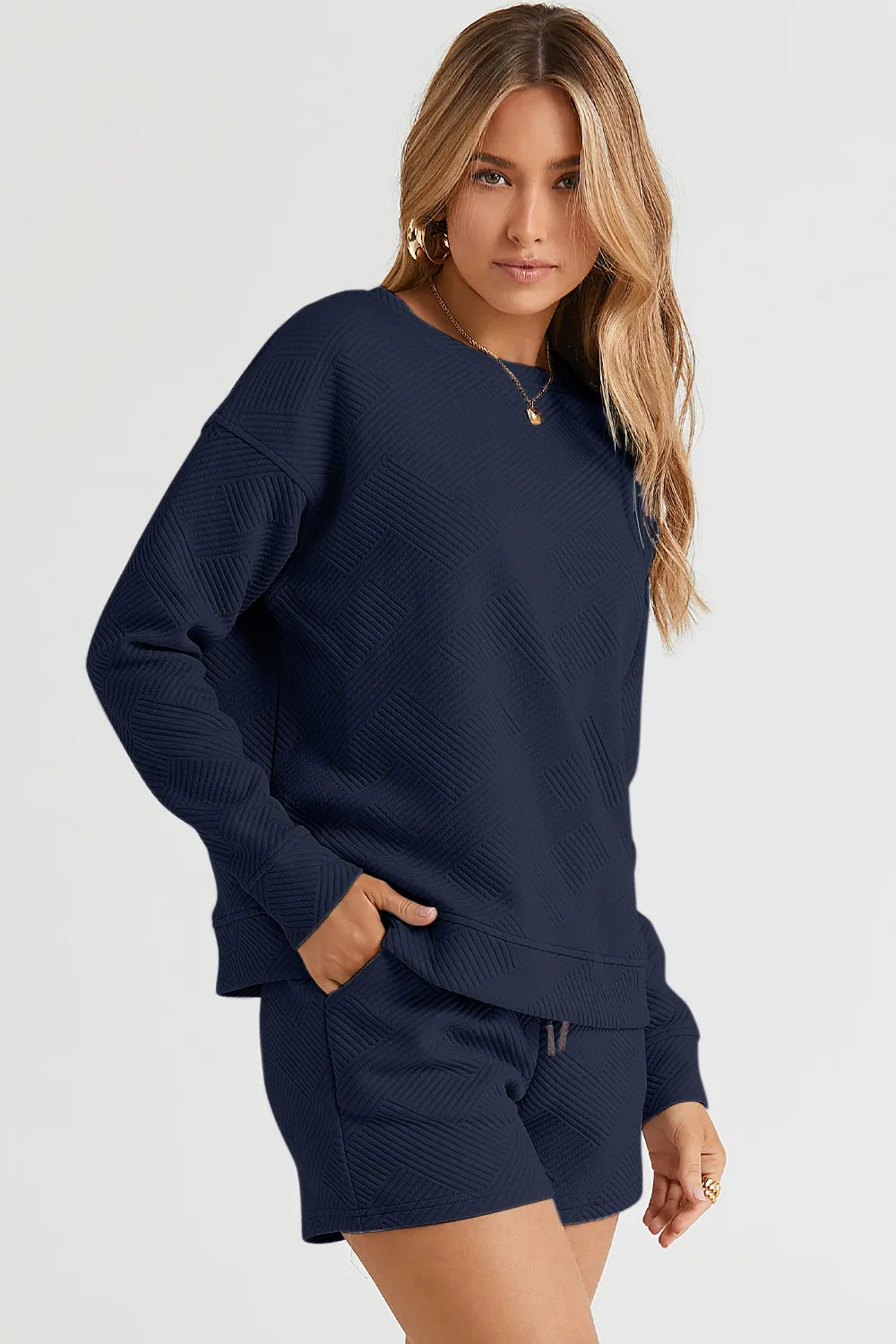 Image of Double Take Full Size Texture Long Sleeve Top and Drawstring Shorts Set | Queeble.shop