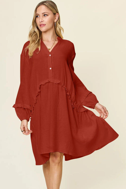 Image of Double Take Full Size Texture Half Button Ruffle Trim Dress | Queeble.shop