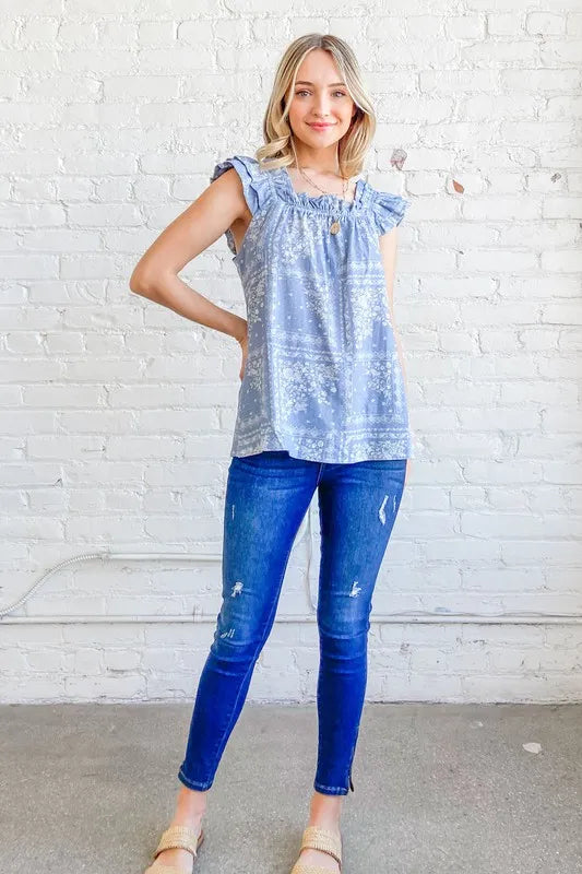 Image of And The Why Boho Print Ruffle Baby Doll Tank Top | Queeble.shop