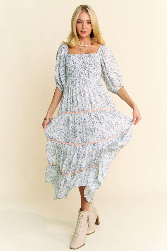 Image of Davi & Dani Contrast Ric Smocking Bodice Tiered Midi Dress | Queeble.shop