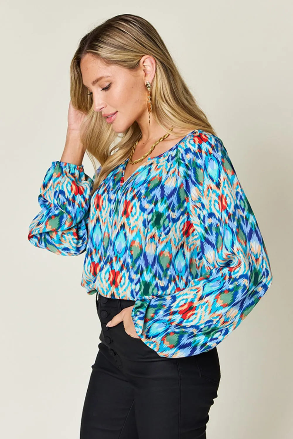 Image of Double Take Full Size Printed Balloon Sleeve Blouse | Queeble.shop
