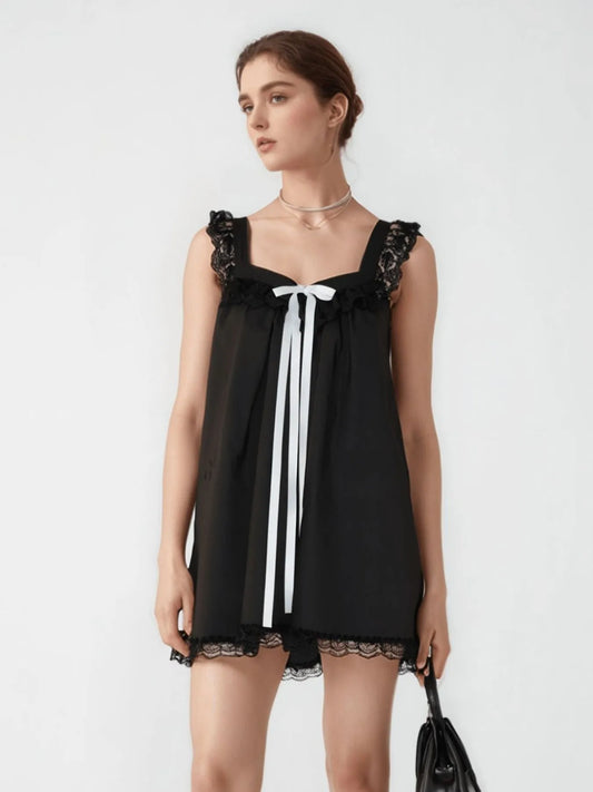 Image of Lace Detail Bow Sleeveless Mini Cami Dress | Queeble.shop