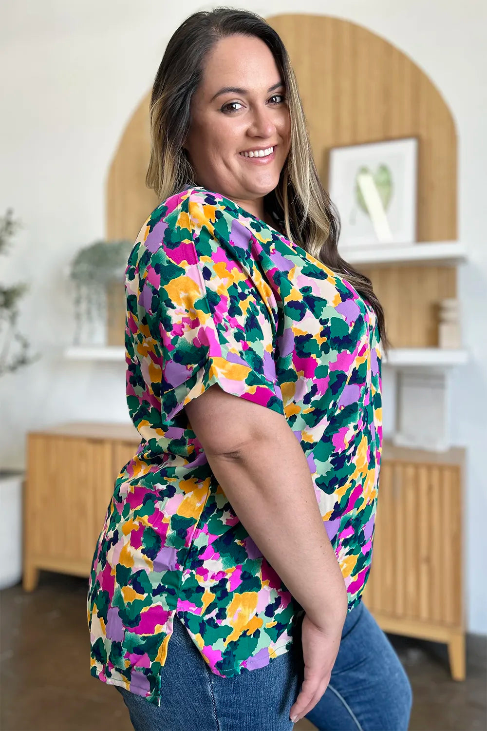 Image of Double Take Full Size Printed V-Neck Short Sleeve Side Slit Top | Queeble.shop