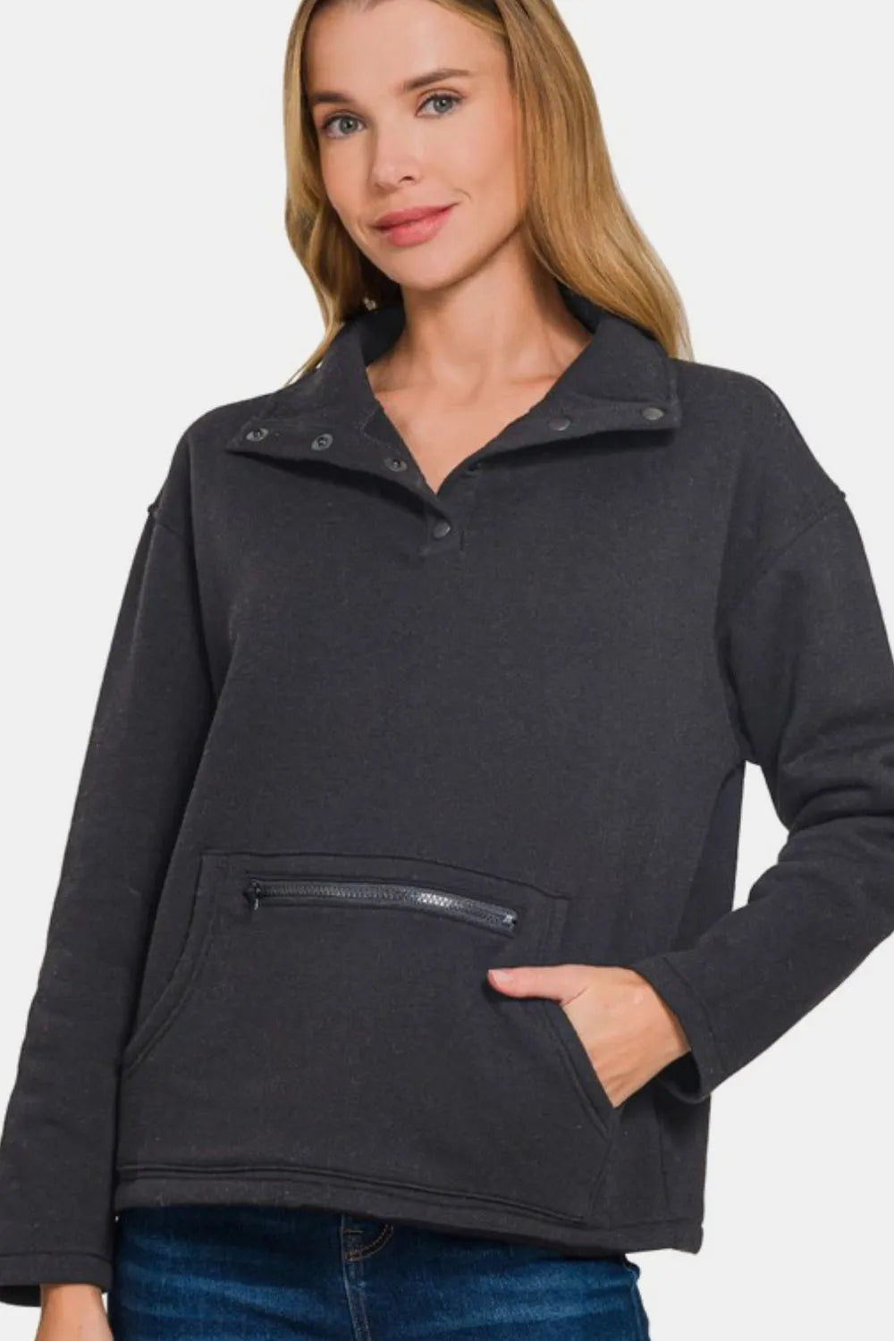 Image of Zenana Turtleneck Half Snap Fleece Sweatshirt | Queeble.shop