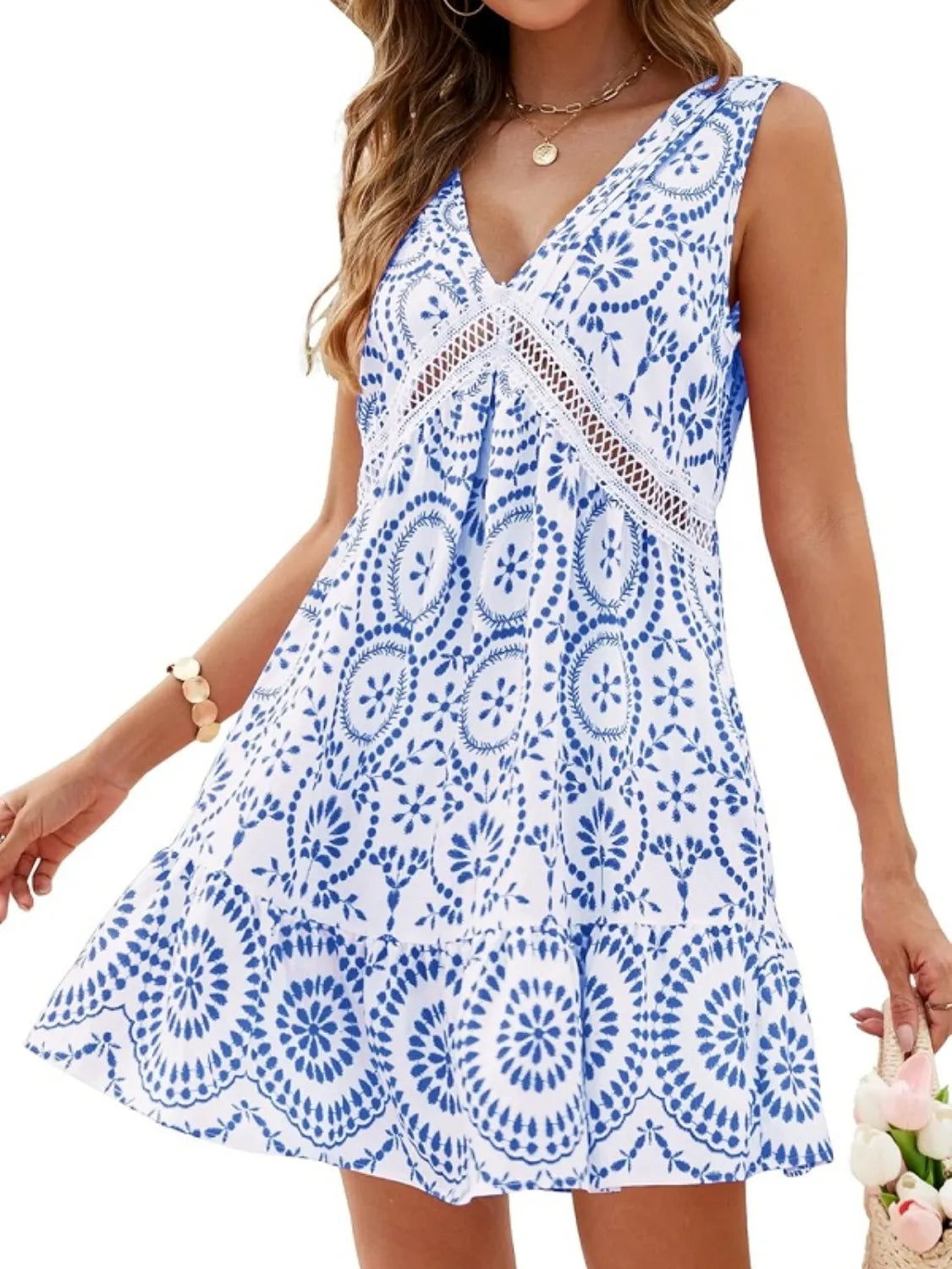 Image of Printed V-Neck Sleeveless Mini Dress | Queeble.shop