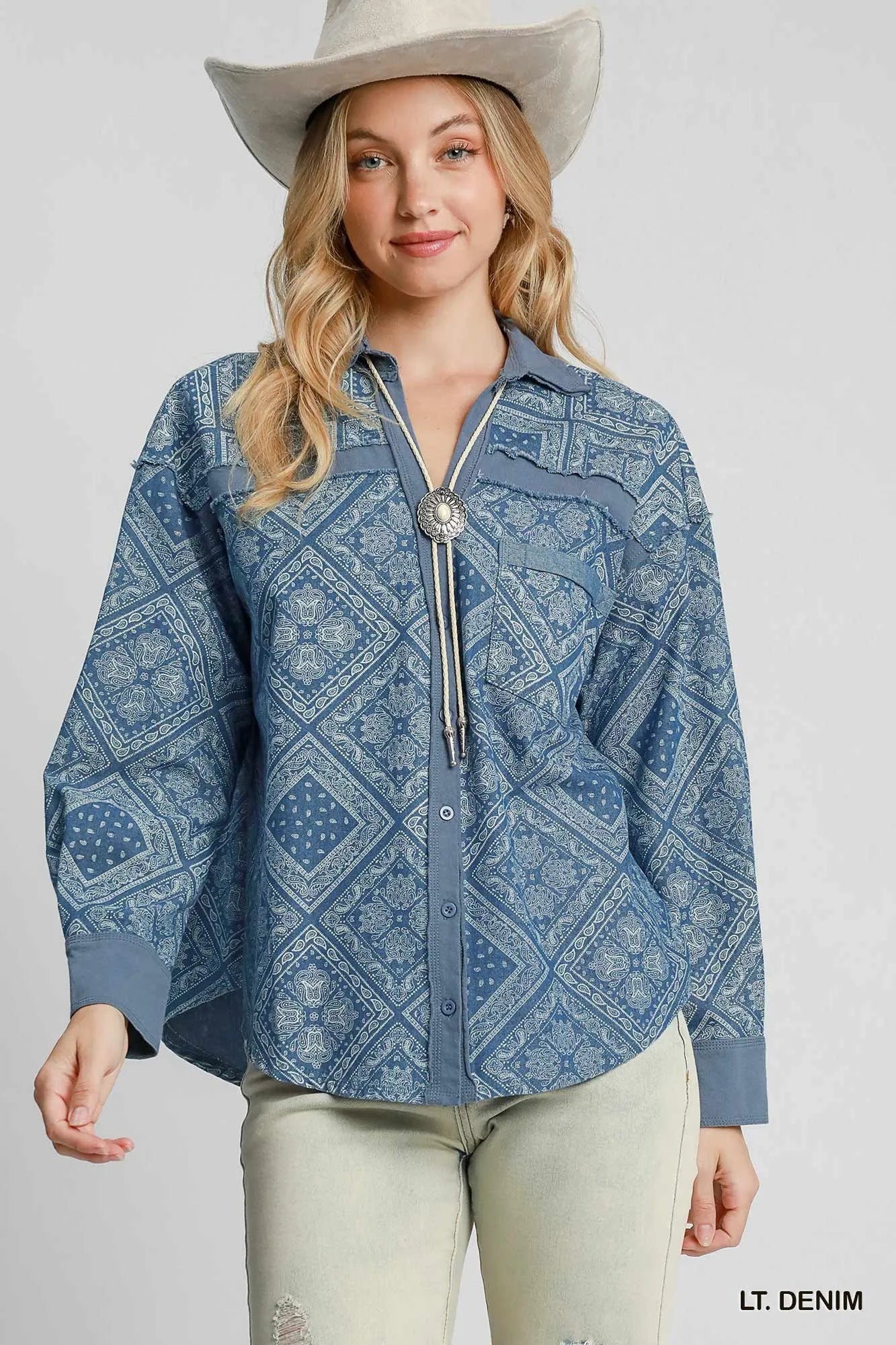 Image of Umgee Paisley Print Denim Shirt Jacket | Queeble.shop
