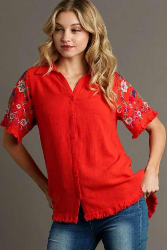 Image of Umgee Full Size Linen Shirt with Embroidered Sleeves Plus Size | Queeble.shop