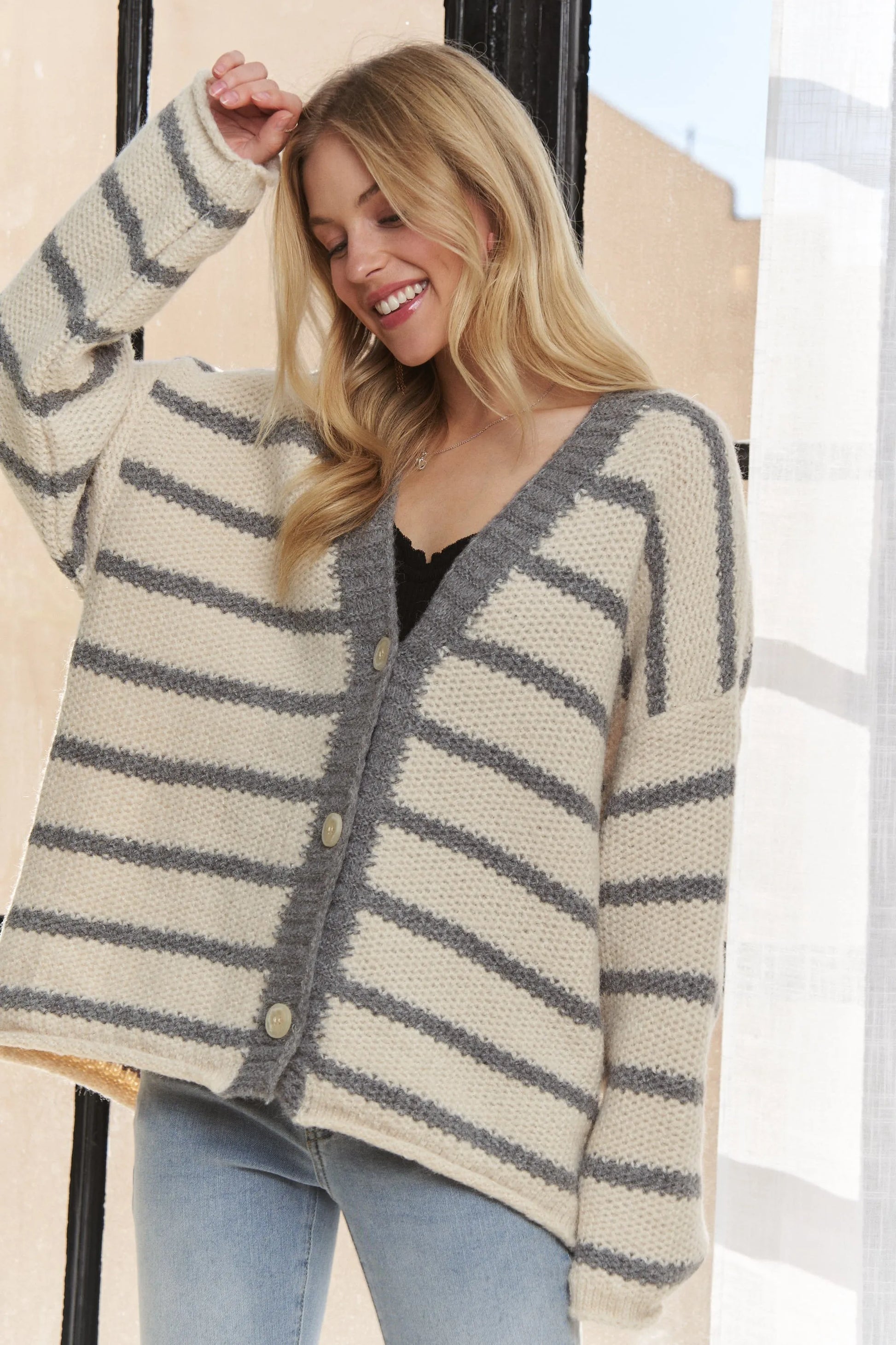 Image of ADORA Horizontally Striped Button Up Cardigan | Queeble.shop