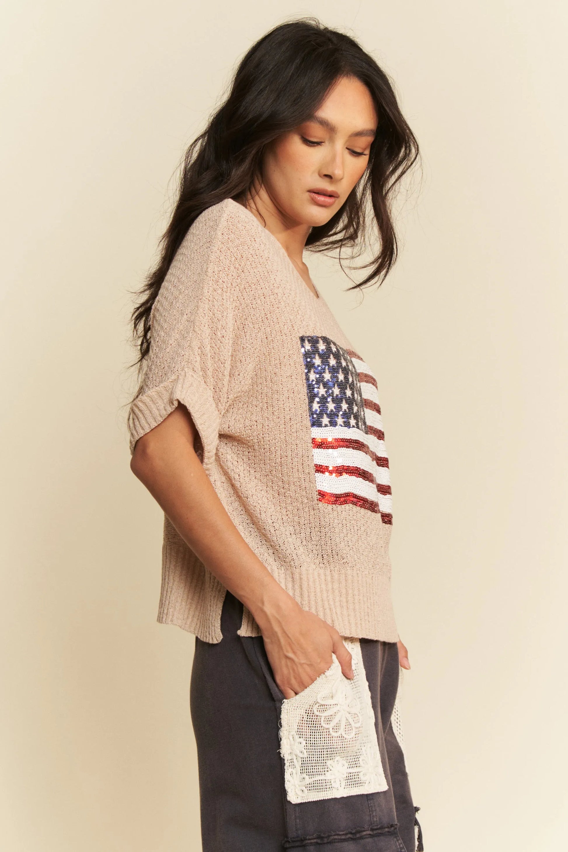 Image of Davi & Dani Sequin American Flag Patch Short Sleeve Knit Top | Queeble.shop