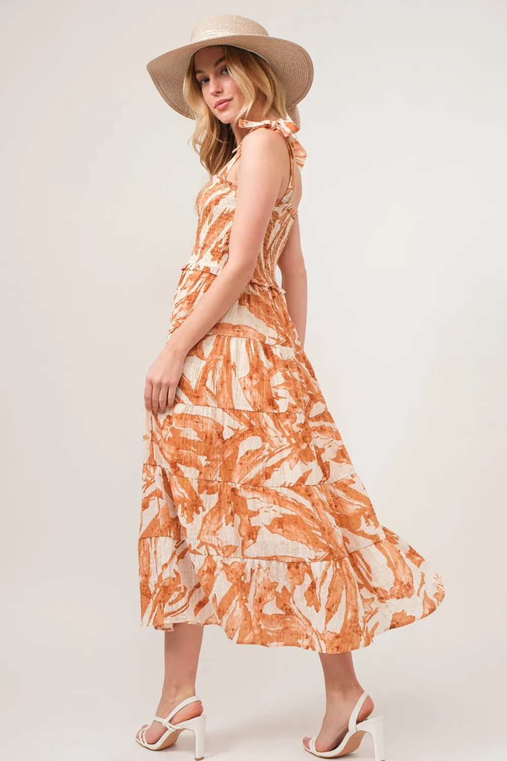 Image of And The Why Tie Shoulder Smocked Midi Tiered Dress | Queeble.shop