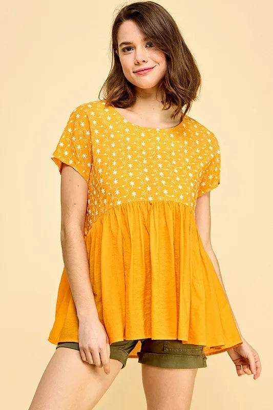 Image of Lime 'N' Chili Embroidered Short Sleeve Pleated Babydoll Top | Queeble.shop