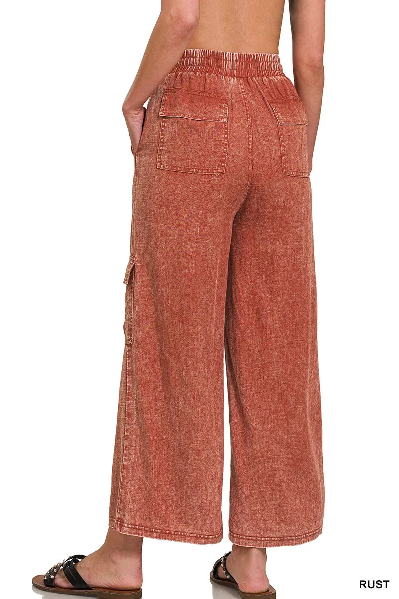Image of Zenana Washed Linen Elastic Band Waist Cargo Pants | Queeble.shop