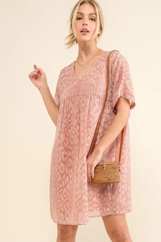 Image of And The Why Woven Leopard Baby Doll Roll-Sleeve Casual Dress | Queeble.shop