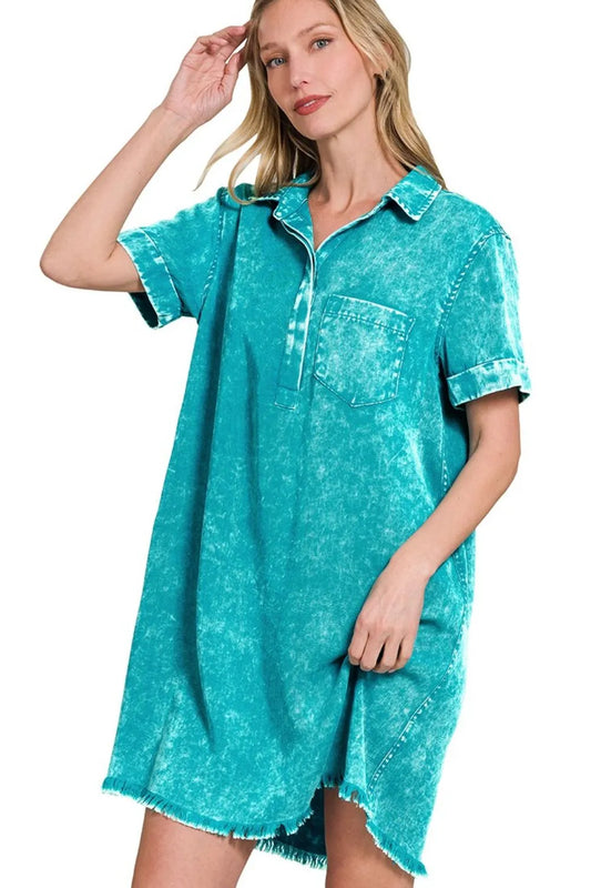Image of Zenana Tencel Mineral Washed Collared Shirts Dress | Queeble.shop